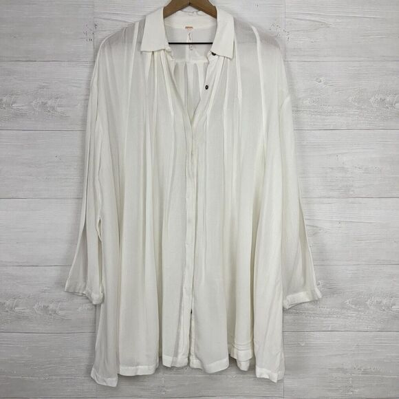 Free People OVERSIZED Tunic Top Blouse Small Ivory Flowy Button Down Long Sleeve - Picture 1 of 12